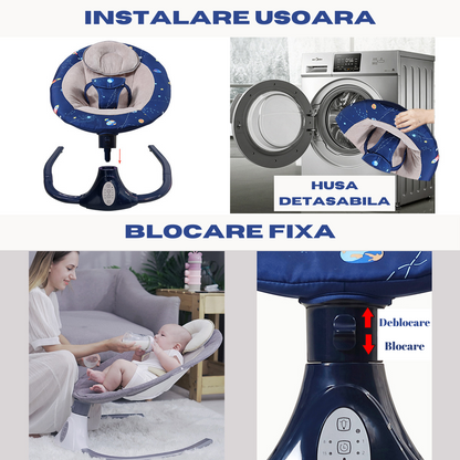 Leagan Electric Multifunctional Pentru Bebelusi, VisionHub®, Conexiune Bluetooth cu Telecomanda, Intensitate Reglabila cu 4 viteze, Jucarii si Melodii, cu Acoperis Rabatabil si Plasa Protectie Tantari, Albastru