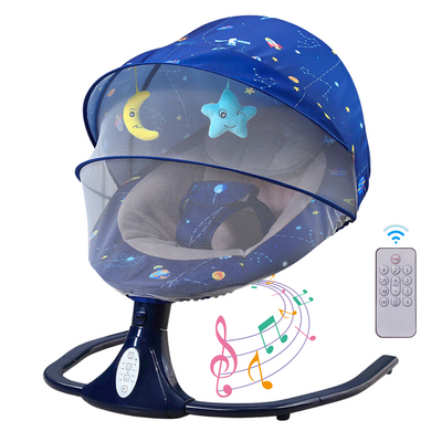 Leagan Electric Multifunctional Pentru Bebelusi, VisionHub®, Conexiune Bluetooth cu Telecomanda, Intensitate Reglabila cu 4 viteze, Jucarii si Melodii, cu Acoperis Rabatabil si Plasa Protectie Tantari, Albastru