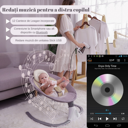 Leagan Electric Multifunctional Pentru Bebelusi, VisionHub®, Conexiune Bluetooth cu Telecomanda, Intensitate Reglabila cu 4 viteze, Jucarii si Melodii, cu Acoperis Rabatabil si Plasa Protectie Tantari, Albastru