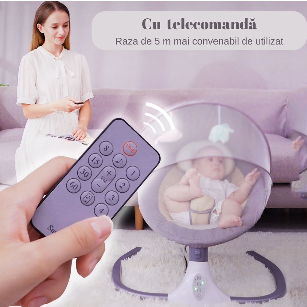 Leagan Electric Multifunctional Pentru Bebelusi, VisionHub®, Conexiune Bluetooth cu Telecomanda, Intensitate Reglabila cu 4 viteze, Jucarii si Melodii, cu Acoperis Rabatabil si Plasa Protectie Tantari, Albastru