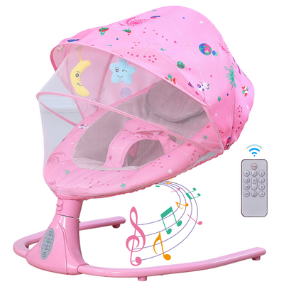 Leagan Electric Multifunctional Pentru Bebelusi, VisionHub®, Conexiune Bluetooth cu Telecomanda, Intensitate Reglabila cu 4 viteze, Jucarii si Melodii, cu Acoperis Rabatabil si Plasa Protectie Tantari, Roz