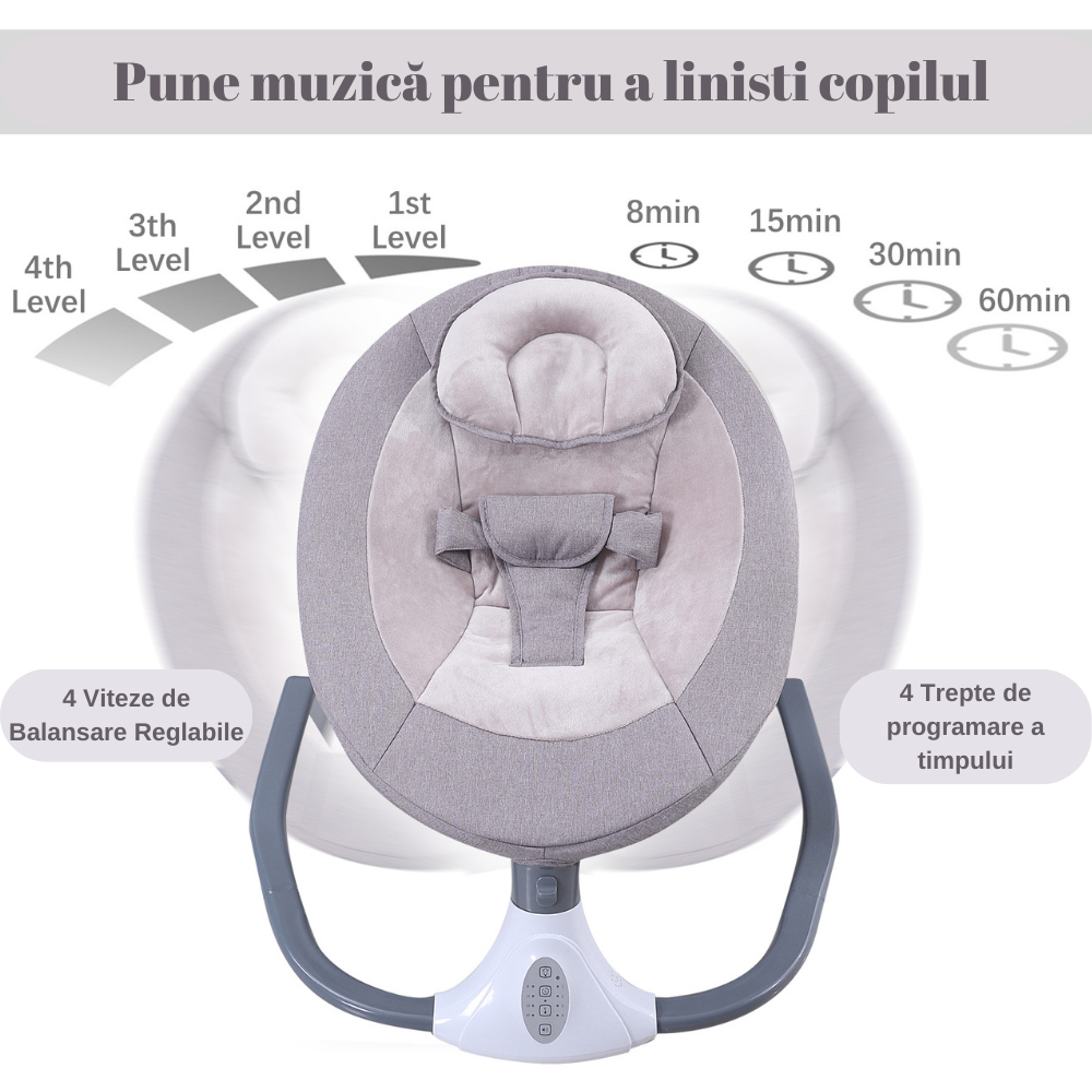 Leagan Electric Multifunctional Pentru Bebelusi, VisionHub®, Conexiune Bluetooth cu Telecomanda, Intensitate Reglabila cu 4 viteze, Jucarii si Melodii, cu Acoperis Rabatabil si Plasa Protectie Tantari, Roz
