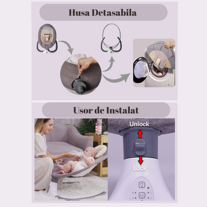 Leagan Electric Multifunctional Pentru Bebelusi, VisionHub®, Conexiune Bluetooth cu Telecomanda, Intensitate Reglabila cu 4 viteze, Jucarii si Melodii, cu Acoperis Rabatabil si Plasa Protectie Tantari, Roz