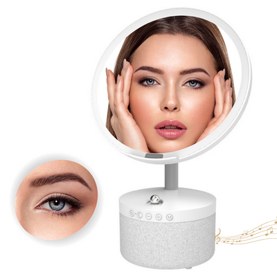 Oglinda cosmetica cu iluminare Led pentru machiaj, cu boxa Bluetooth, Incarcator Wireless pentru telefon 15W, 7 Culori RGB si 3 Trepte de temperatura cu intensitate reglabila si senzor, Lupa makeup cu magnificare 5x, baterie 4000 mAh, Alb perlat