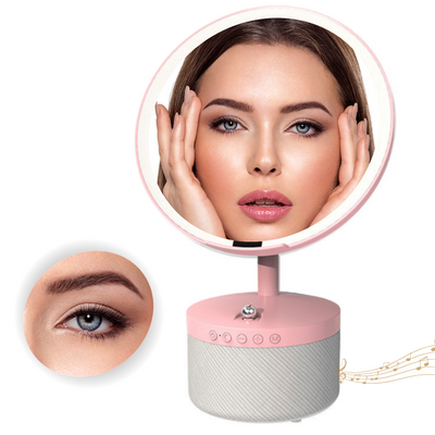 Oglinda cosmetica cu iluminare Led pentru machiaj, cu boxa Bluetooth, Incarcator Wireless pentru telefon 15W, 7 Culori RGB si 3 Trepte de temperatura cu intensitate reglabila si senzor, Lupa makeup cu magnificare 5x, baterie 4000 mAh, Roz