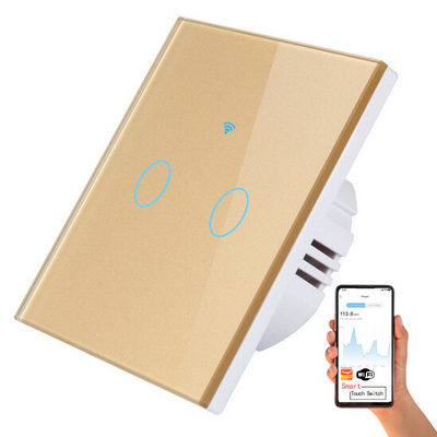 Intrerupator inteligent cu touch, Wireless, VisionHub®, Wi-fi, 2 Canale, Sticla Securizata, Compatibil iOS/Android, Tuya, Amazon Alexa/Google Assistant, Auriu