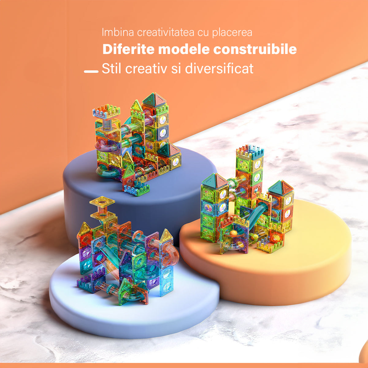 Set de Constructie Magnetic cu Tevi Tiles 3D si minge colorata, Jucarie Educationala STEM VisionHub®, 136 Piese, magnetice cu forme multiple, Dezvoltarea Abilitatilor Motrice si a Imaginatiei, Multicolor