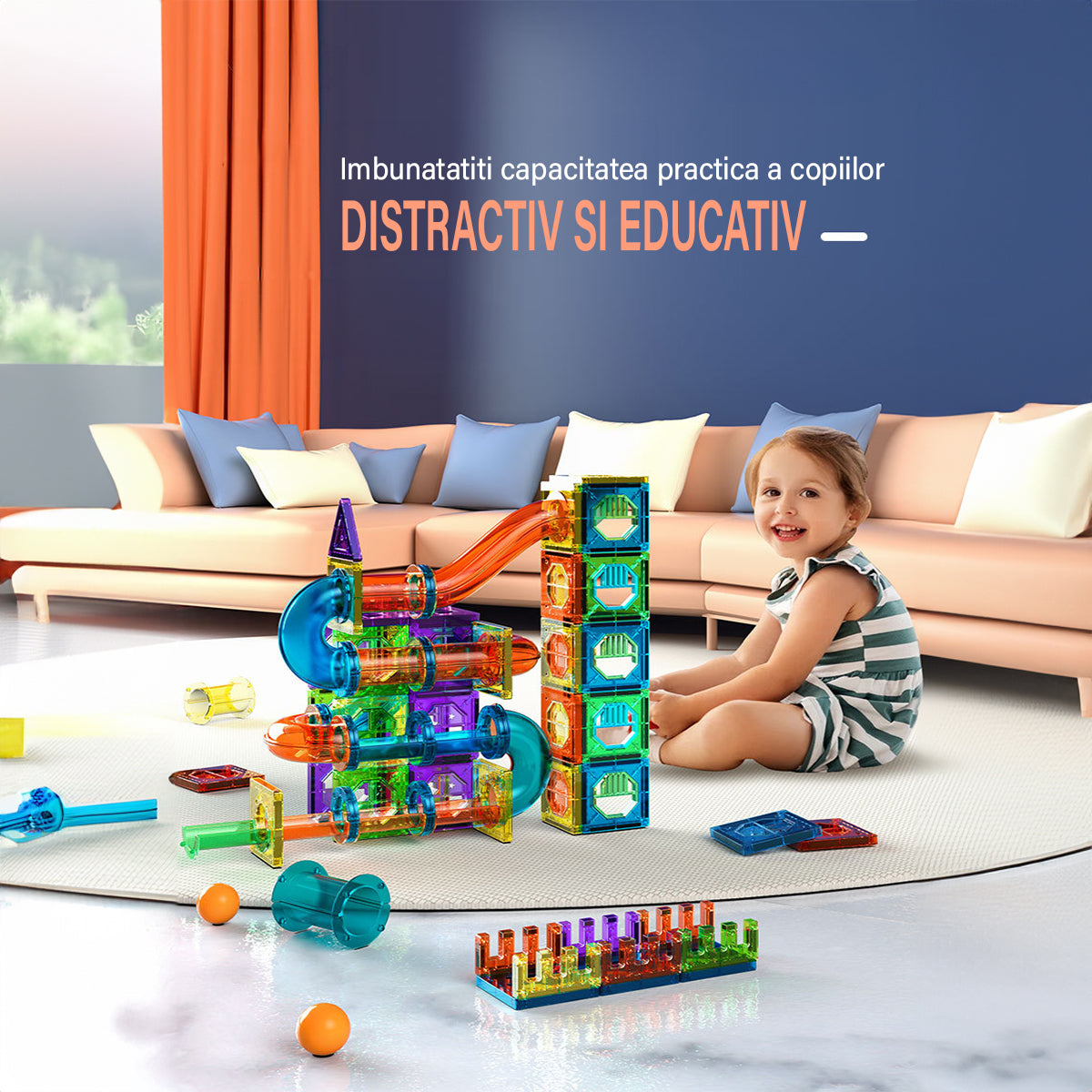 Set de Constructie Magnetic cu Tevi Tiles 3D si minge colorata, Jucarie Educationala STEM VisionHub®, 136 Piese, magnetice cu forme multiple, Dezvoltarea Abilitatilor Motrice si a Imaginatiei, Multicolor