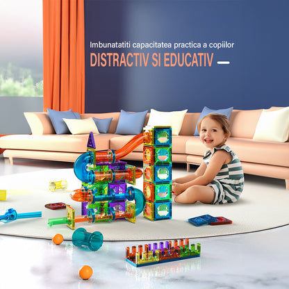Set de Constructie Magnetic cu Tevi Tiles 3D si minge colorata, Jucarie Educationala STEM VisionHub®, 136 Piese, magnetice cu forme multiple, Dezvoltarea Abilitatilor Motrice si a Imaginatiei, Multicolor