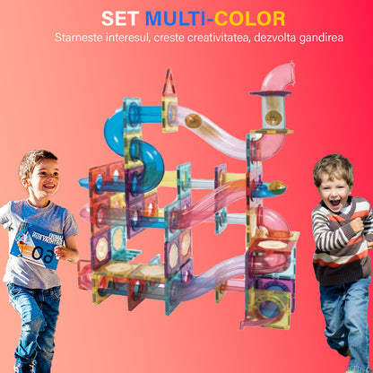 Set de Constructie Magnetic cu Tevi Tiles 3D si minge colorata, Jucarie Educationala STEM VisionHub®, 136 Piese, magnetice cu forme multiple, Dezvoltarea Abilitatilor Motrice si a Imaginatiei, Multicolor