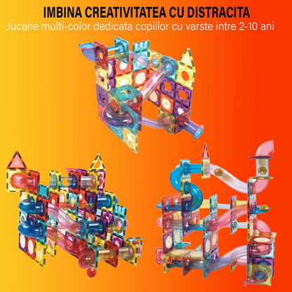 Set de Constructie Magnetic cu Tevi Tiles 3D si minge colorata, Jucarie Educationala STEM VisionHub®, 136 Piese, magnetice cu forme multiple, Dezvoltarea Abilitatilor Motrice si a Imaginatiei, Multicolor