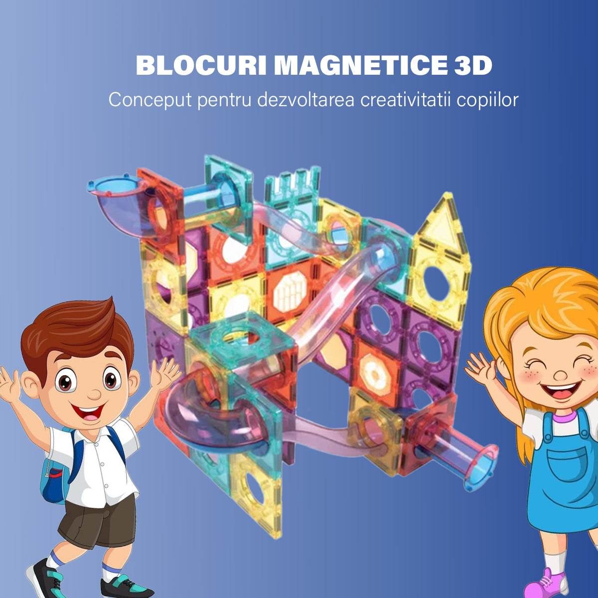 Set de Constructie Magnetic cu Tevi Tiles 3D si minge colorata, Jucarie Educationala STEM VisionHub®, 136 Piese, magnetice cu forme multiple, Dezvoltarea Abilitatilor Motrice si a Imaginatiei, Multicolor