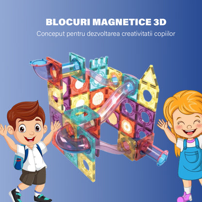 Set de Constructie Magnetic cu Tevi Tiles 3D si minge colorata, Jucarie Educationala STEM VisionHub®, 136 Piese, magnetice cu forme multiple, Dezvoltarea Abilitatilor Motrice si a Imaginatiei, Multicolor