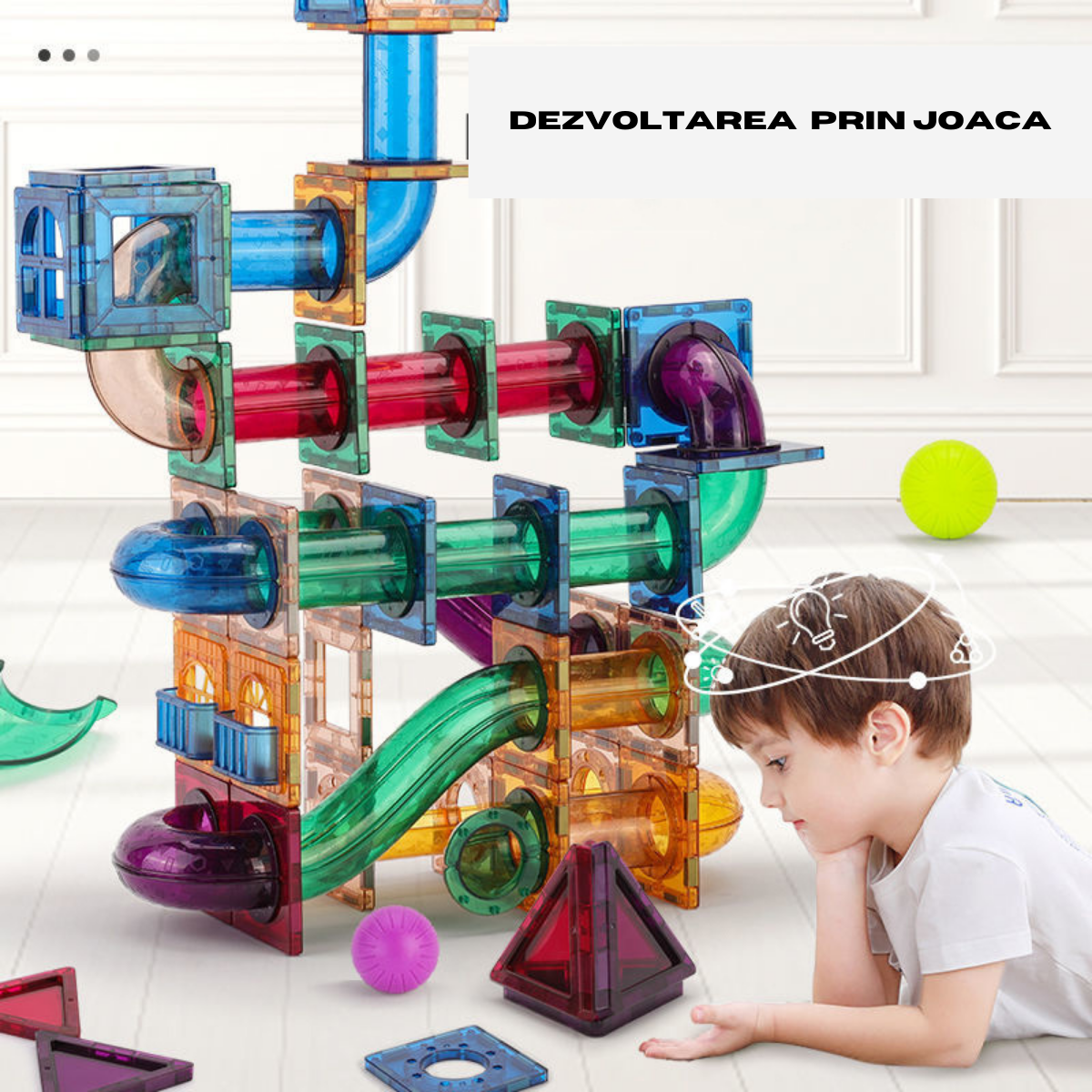 Set de Constructie Magnetic cu Tevi Tiles 3D si minge colorata, Jucarie Educationala STEM VisionHub®, 136 Piese, magnetice cu forme multiple, Dezvoltarea Abilitatilor Motrice si a Imaginatiei, Multicolor