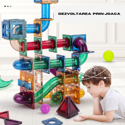 Set de Constructie Magnetic cu Tevi Tiles 3D si minge colorata, Jucarie Educationala STEM VisionHub®, 136 Piese, magnetice cu forme multiple, Dezvoltarea Abilitatilor Motrice si a Imaginatiei, Multicolor