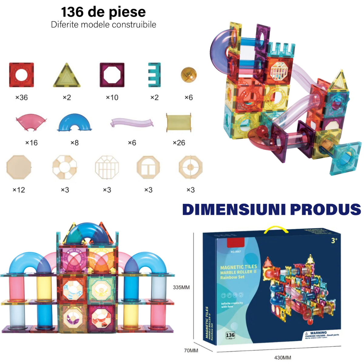 Set de Constructie Magnetic cu Tevi Tiles 3D si minge colorata, Jucarie Educationala STEM VisionHub®, 136 Piese, magnetice cu forme multiple, Dezvoltarea Abilitatilor Motrice si a Imaginatiei, Multicolor