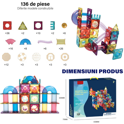 Set de Constructie Magnetic cu Tevi Tiles 3D si minge colorata, Jucarie Educationala STEM VisionHub®, 136 Piese, magnetice cu forme multiple, Dezvoltarea Abilitatilor Motrice si a Imaginatiei, Multicolor