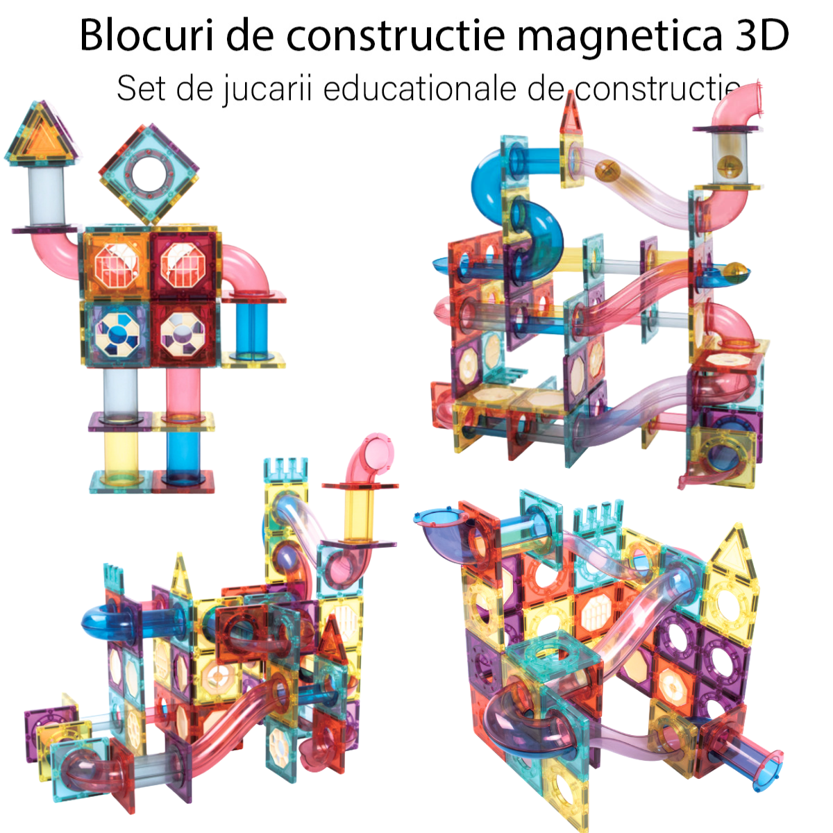 Set de Constructie Magnetic cu Tevi Tiles 3D si minge colorata, Jucarie Educationala STEM VisionHub®, 136 Piese, magnetice cu forme multiple, Dezvoltarea Abilitatilor Motrice si a Imaginatiei, Multicolor