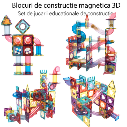 Set de Constructie Magnetic cu Tevi Tiles 3D si minge colorata, Jucarie Educationala STEM VisionHub®, 136 Piese, magnetice cu forme multiple, Dezvoltarea Abilitatilor Motrice si a Imaginatiei, Multicolor