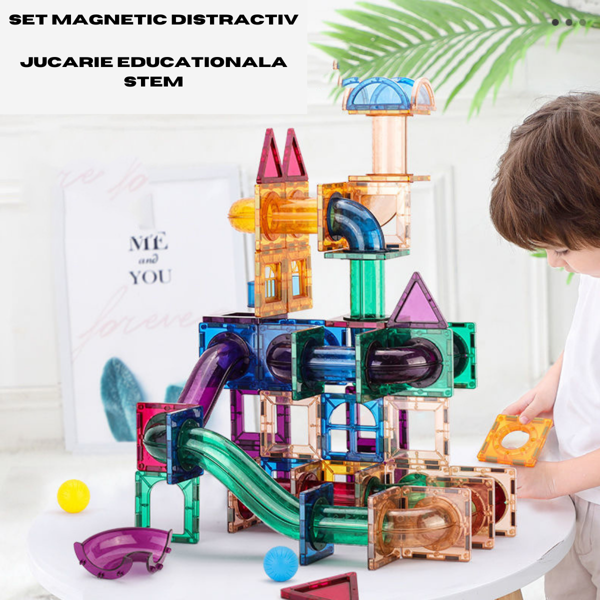 Set de Constructie Magnetic cu Tevi Tiles 3D si minge colorata, Jucarie Educationala STEM VisionHub®, 136 Piese, magnetice cu forme multiple, Dezvoltarea Abilitatilor Motrice si a Imaginatiei, Multicolor