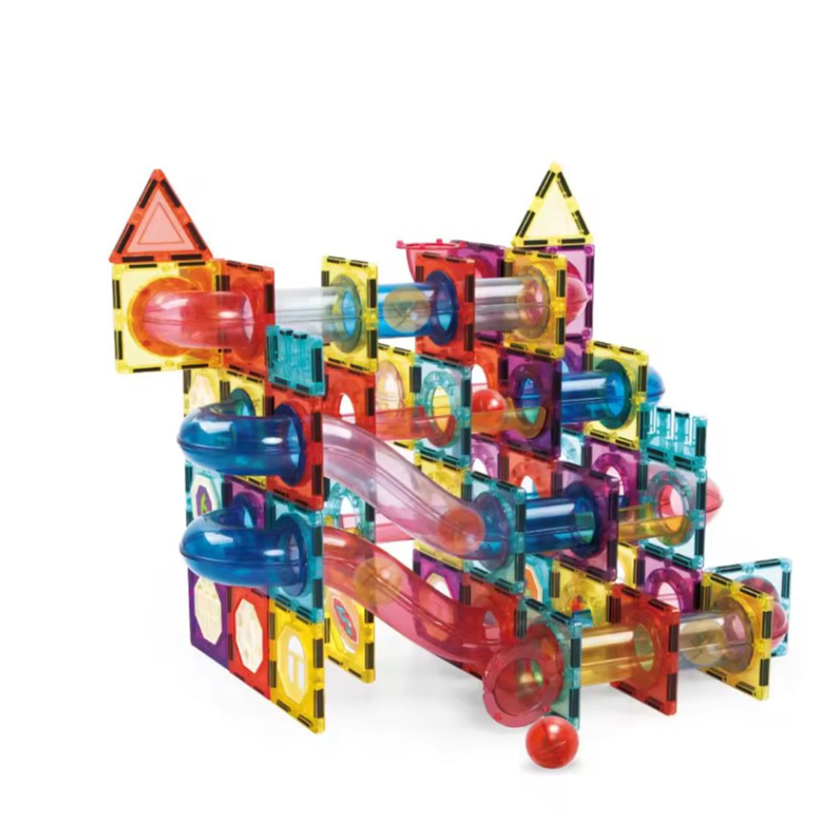 Set de Constructie Magnetic cu Tevi Tiles 3D si minge colorata, Jucarie Educationala STEM VisionHub®, 136 Piese, magnetice cu forme multiple, Dezvoltarea Abilitatilor Motrice si a Imaginatiei, Multicolor