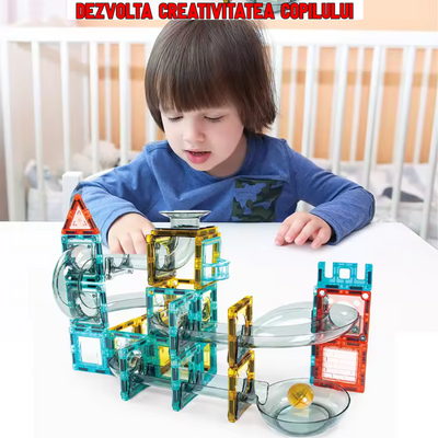 Set de Constructie Magnetic cu Tevi Tiles 3D, 3x minge colorata, Jucarie Educationala si Creativa STEM, cu 66 Piese magnetice, forme multiple, Dezvoltarea Abilitatilor Motrice si a Imaginatiei, Multicolor