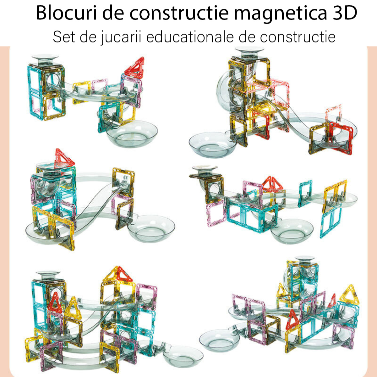 Set de Constructie Magnetic cu Tevi Tiles 3D, 3x minge colorata, Jucarie Educationala si Creativa STEM, cu 66 Piese magnetice, forme multiple, Dezvoltarea Abilitatilor Motrice si a Imaginatiei, Multicolor