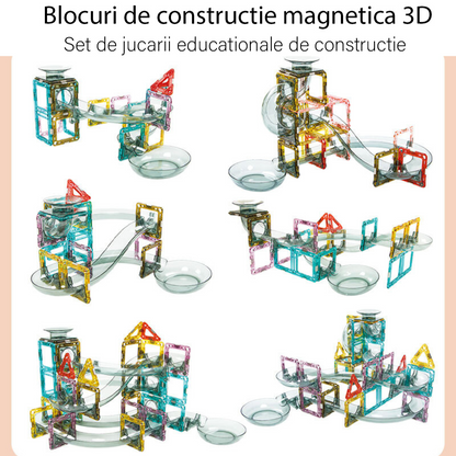 Set de Constructie Magnetic cu Tevi Tiles 3D, 3x minge colorata, Jucarie Educationala si Creativa STEM, cu 66 Piese magnetice, forme multiple, Dezvoltarea Abilitatilor Motrice si a Imaginatiei, Multicolor