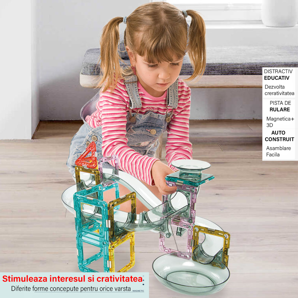 Set de Constructie Magnetic cu Tevi Tiles 3D, 3x minge colorata, Jucarie Educationala si Creativa STEM, cu 66 Piese magnetice, forme multiple, Dezvoltarea Abilitatilor Motrice si a Imaginatiei, Multicolor