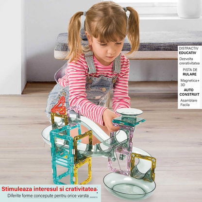 Set de Constructie Magnetic cu Tevi Tiles 3D, 3x minge colorata, Jucarie Educationala si Creativa STEM, cu 66 Piese magnetice, forme multiple, Dezvoltarea Abilitatilor Motrice si a Imaginatiei, Multicolor