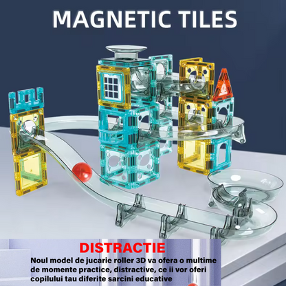 Set de Constructie Magnetic cu Tevi Tiles 3D, 3x minge colorata, Jucarie Educationala si Creativa STEM, cu 66 Piese magnetice, forme multiple, Dezvoltarea Abilitatilor Motrice si a Imaginatiei, Multicolor
