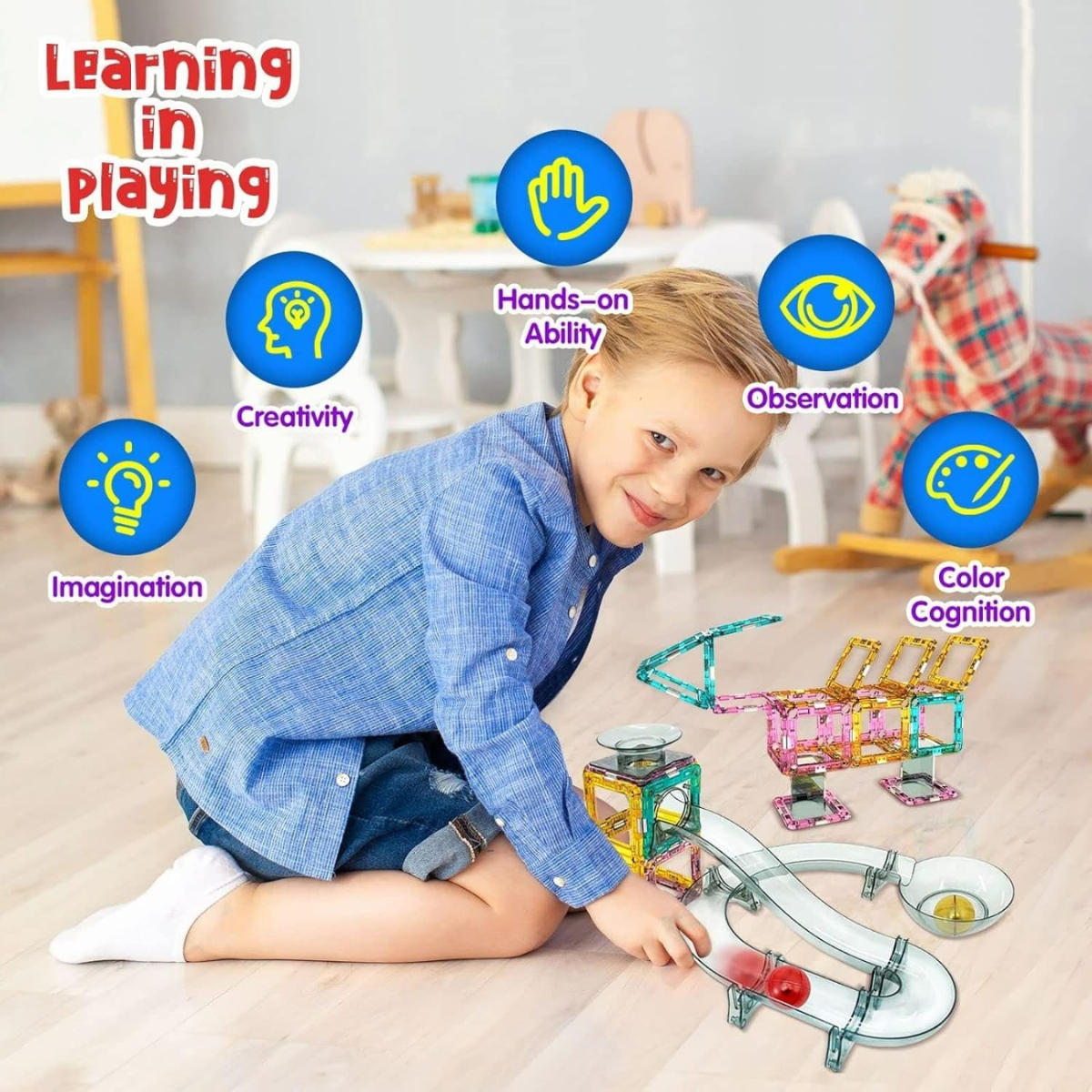Set de Constructie Magnetic cu Tevi Tiles 3D, 3x minge colorata, Jucarie Educationala si Creativa STEM, cu 66 Piese magnetice, forme multiple, Dezvoltarea Abilitatilor Motrice si a Imaginatiei, Multicolor