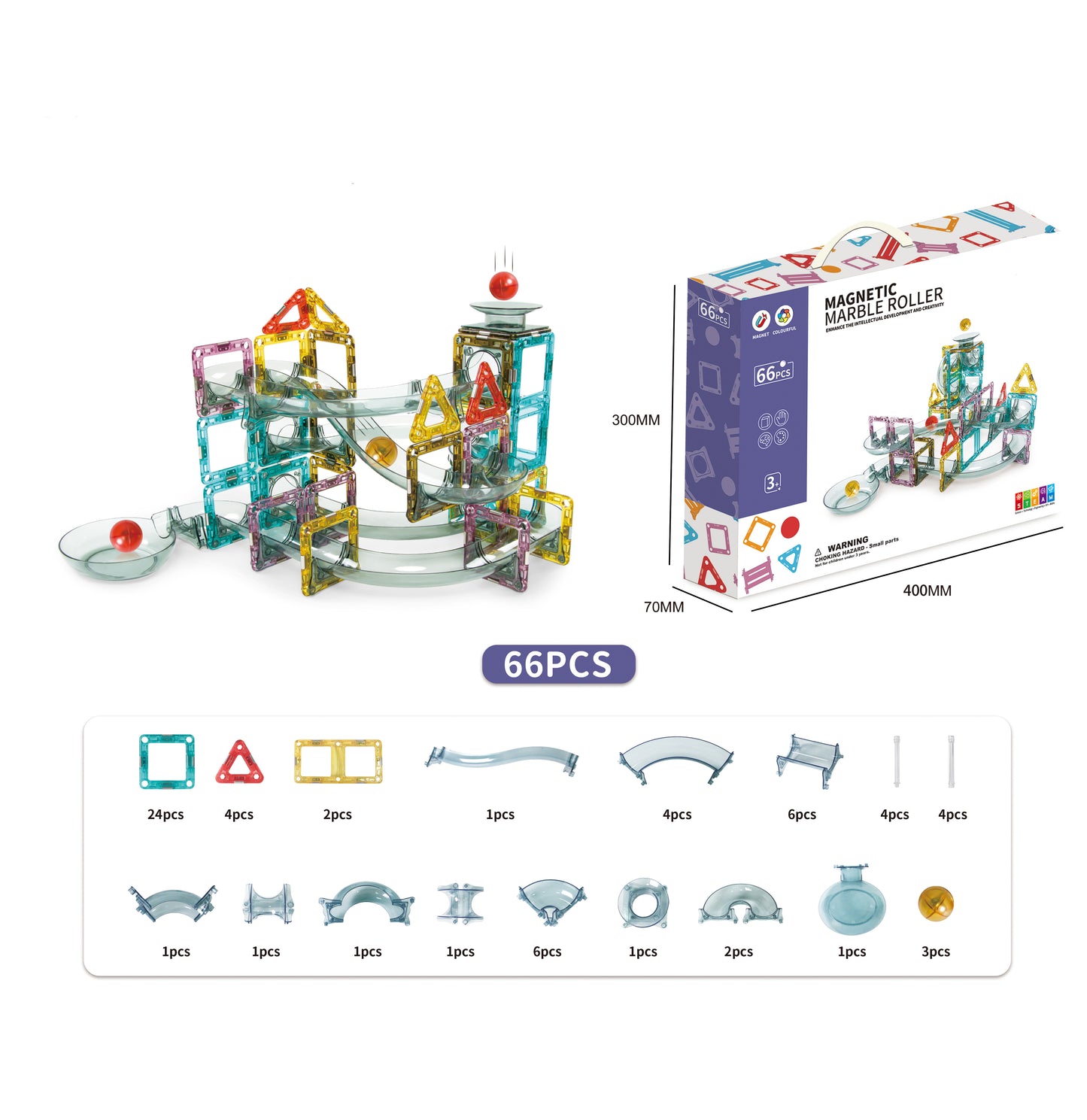 Set de Constructie Magnetic cu Tevi Tiles 3D, 3x minge colorata, Jucarie Educationala si Creativa STEM, cu 66 Piese magnetice, forme multiple, Dezvoltarea Abilitatilor Motrice si a Imaginatiei, Multicolor