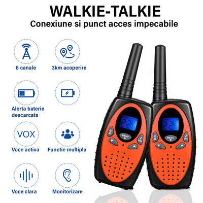 Walkie Talkie Copii si Adulti, Set 2 bucati, VisionHub®, cu Raza Lunga de Actiune, Vox, Blocare taste, Sunet clar, Statie radio camping, drumetii, croaziere, Portocaliu