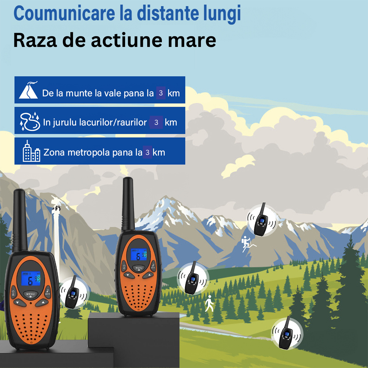 Walkie Talkie Copii si Adulti, Set 2 bucati, VisionHub®, cu Raza Lunga de Actiune, Vox, Blocare taste, Sunet clar, Statie radio camping, drumetii, croaziere, Portocaliu