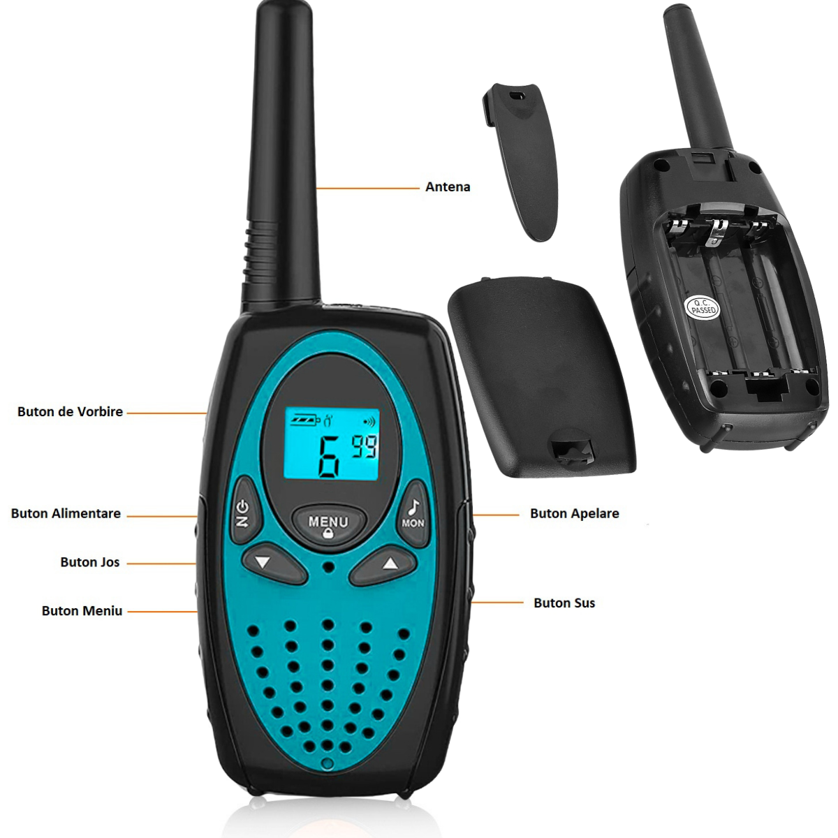 Set 2 statii Walkie Talkie Copii si Adulti, VisionHub®, cu Raza Lunga de Actiune, Vox, Blocare taste, Sunet clar, Statie radio camping, drumetii, excursii, Albastru