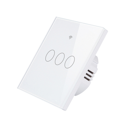 Intrerupator inteligent cu touch, Wireless, VisionHub®, Wi-fi, 3 Canale, din Sticla Securizata, Compatibil iOS/Android, Tuya, Amazon Alexa/Google Assistant, rezistent la zgarieturi, ideal pentru birou, camera de zi, dormitor, baie si bucatarie, Alb