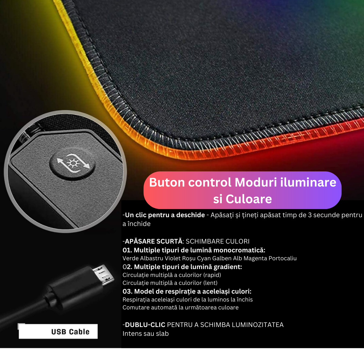 MousePad profesional Gaming RGB mare XXL, Lumini LED, Suprafata moale, Baza Anti-Alunecare Cauciucata, Multiple moduri de iluminare, Luminozitate Ajustabila, 900x400x4mm Stelar