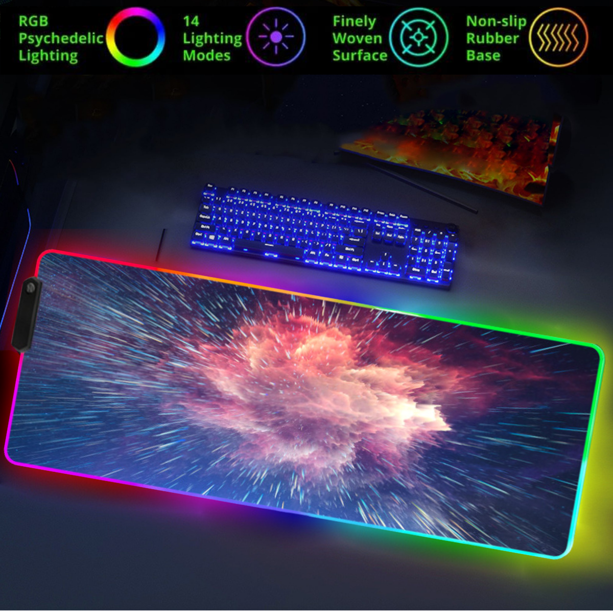 MousePad profesional Gaming RGB mare XXL, Lumini LED, Suprafata moale, Baza Anti-Alunecare Cauciucata, Multiple moduri de iluminare, Luminozitate Ajustabila, 900x400x4mm Stelar