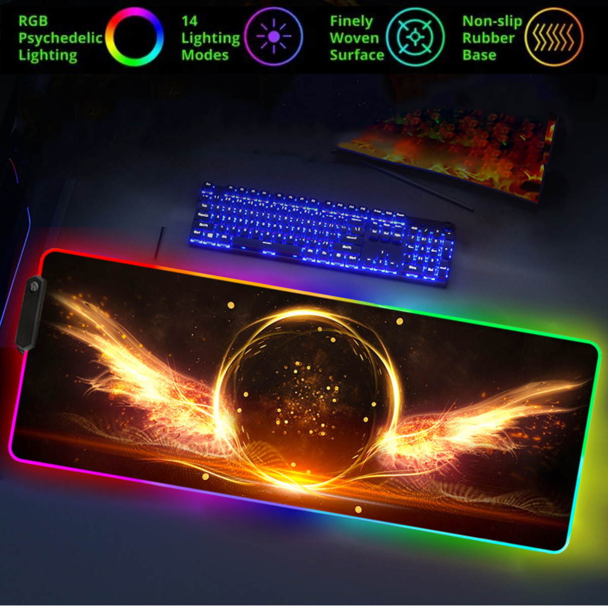 MousePad profesional Gaming RGB mare XXL, Lumini LED, Suprafata moale, Baza Anti-Alunecare Cauciucata, Multiple moduri de iluminare, Luminozitate Ajustabila, 900x400x4mm, Aripi