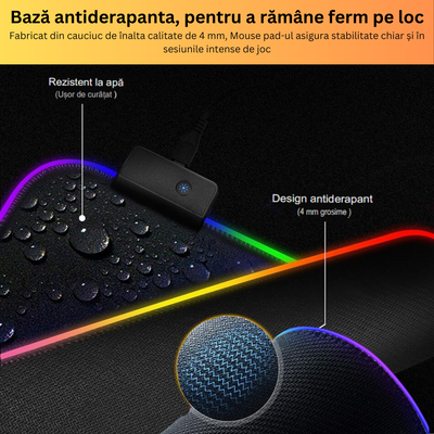MousePad profesional Gaming RGB mare, Lumini LED, Suprafata moale, Baza Anti-Alunecare Cauciucata, Multiple moduri de iluminare, Luminozitate Ajustabila, 600x350x4mm, Stelar