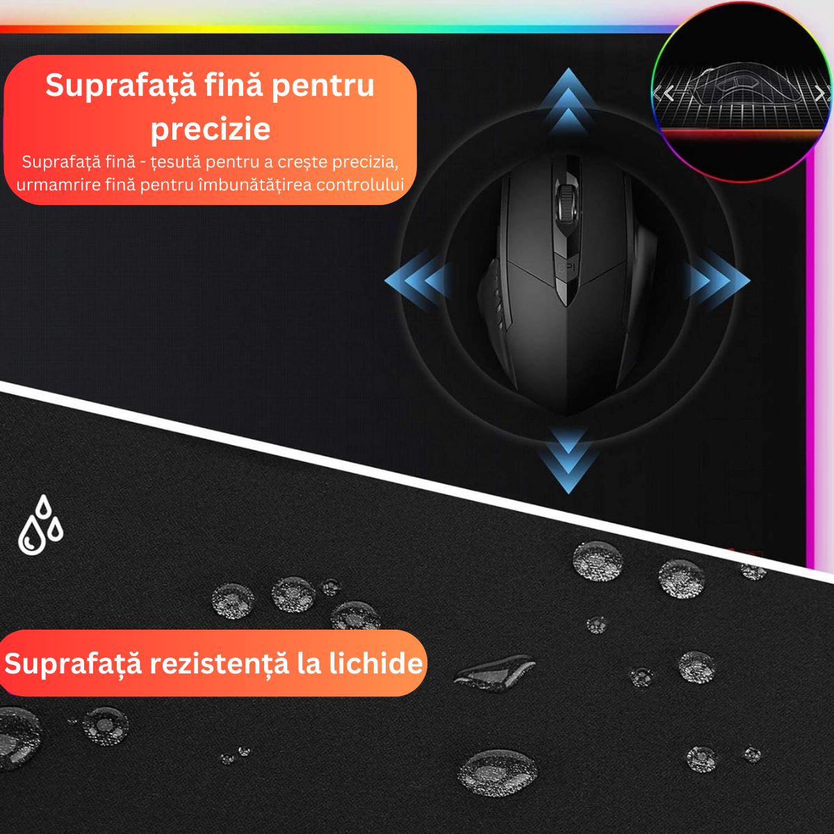 MousePad profesional Gaming RGB mare, Lumini LED, Suprafata moale, Baza Anti-Alunecare Cauciucata, Multiple moduri de iluminare, Luminozitate Ajustabila, 600x350x4mm, Aripi
