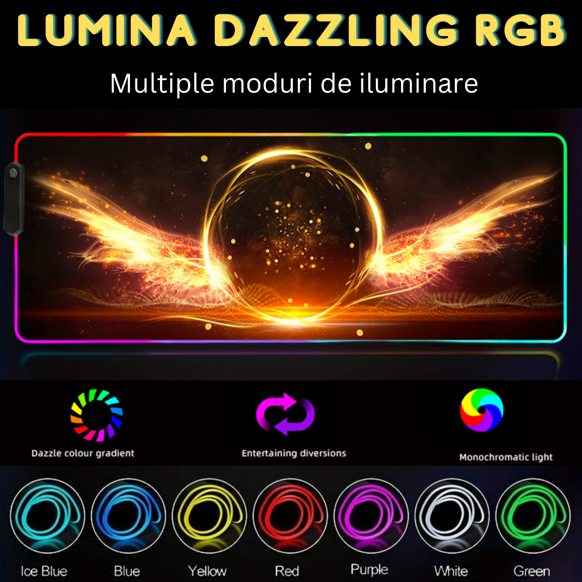 MousePad profesional Gaming RGB mare, Lumini LED, Suprafata moale, Baza Anti-Alunecare Cauciucata, Multiple moduri de iluminare, Luminozitate Ajustabila, 600x350x4mm, Aripi