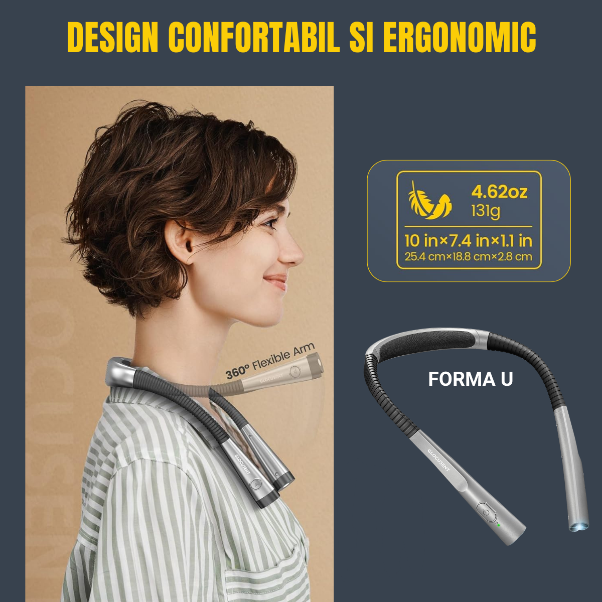 Lampa LED de citit pentru gat, Flexibila si usoara, Glocusent®, Multifuntionala perfecta pentru lectura, tricotat si reparatii, Oprire automata, 3 Temperaturi de culoare cu 3 Niveluri de Luminozitate, 128g x 24cm