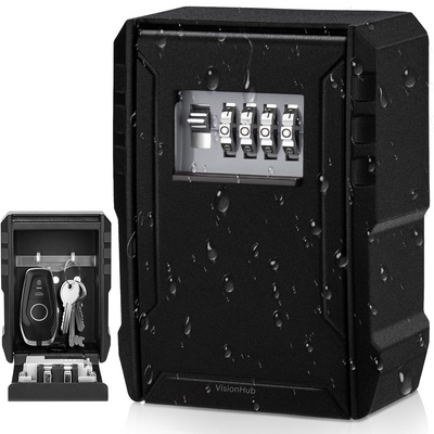 Cutie metalica cu cifru pentru depozitare chei VisionHub®, Caseta exterioara impermeabila, rezistenta, de capacitate foarte mare, aliaj de aluminiu, cu suport de agatare, Neagra