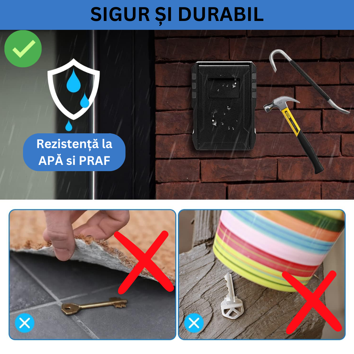 Cutie metalica cu cifru pentru depozitare chei VisionHub®, Caseta exterioara impermeabila, rezistenta, de capacitate foarte mare, aliaj de aluminiu, cu suport de agatare, Neagra