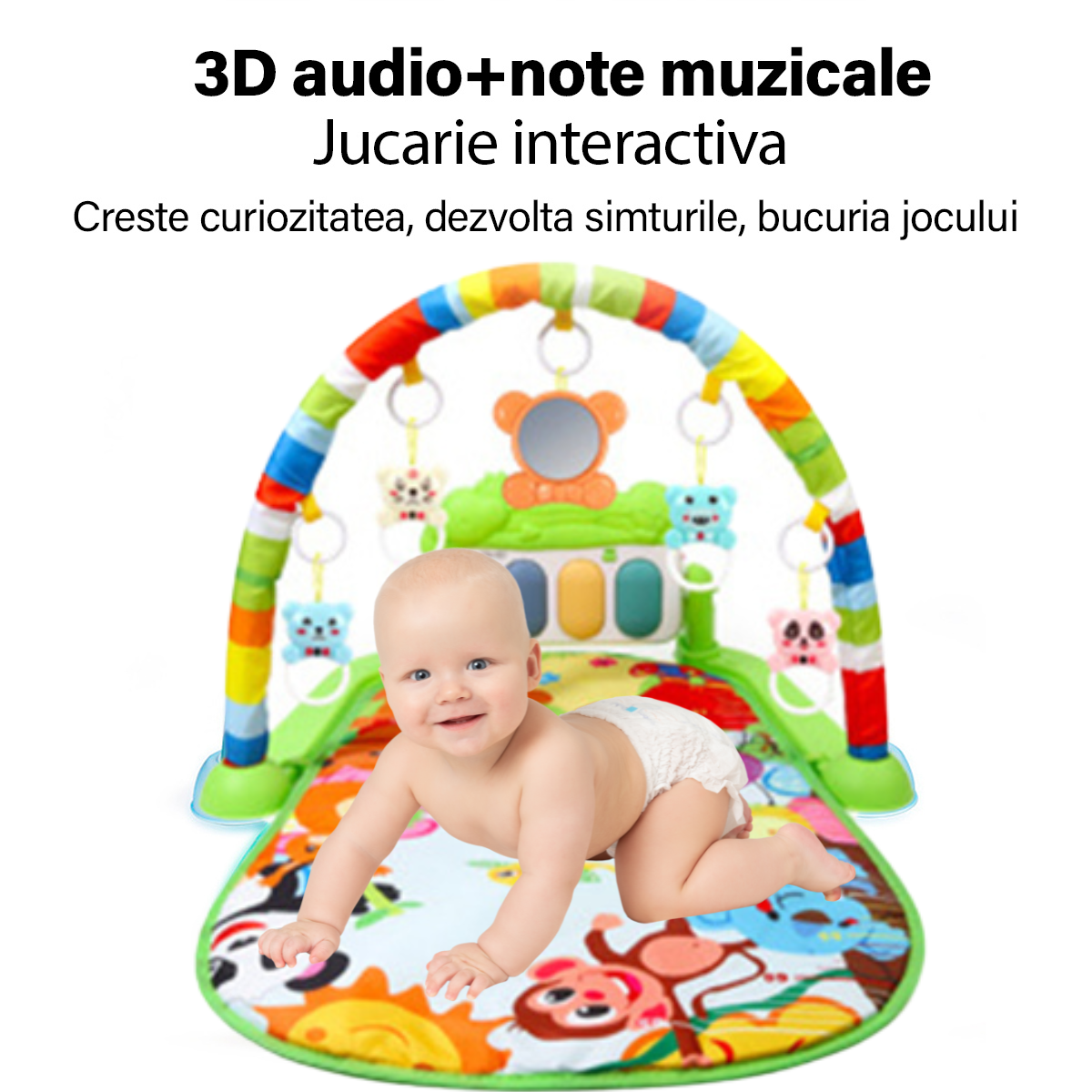 Saltea de activitati pentru bebelusi, VisionHub®, cu Jucarii interactive, 4 in 1 cu muzica si luminite, jucarie muzicala baieti si fete, verde, 0 luni +