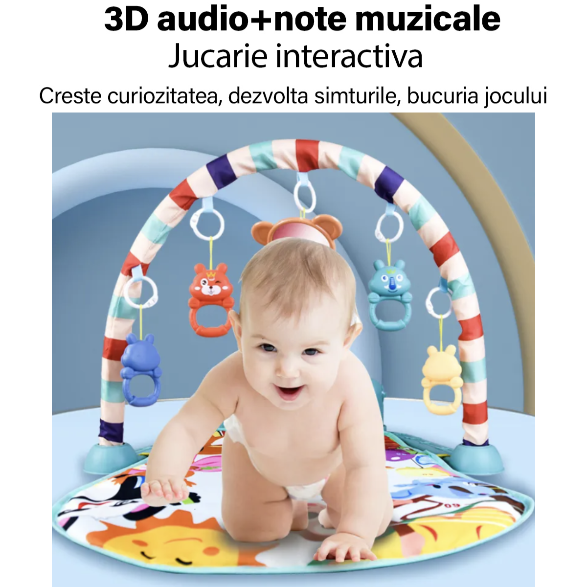 Saltea de activitati pentru bebelusi, VisionHub®, cu Jucarii interactive, 4 in 1 cu muzica si luminite, jucarie muzicala baieti si fete, albastru, 0 luni +