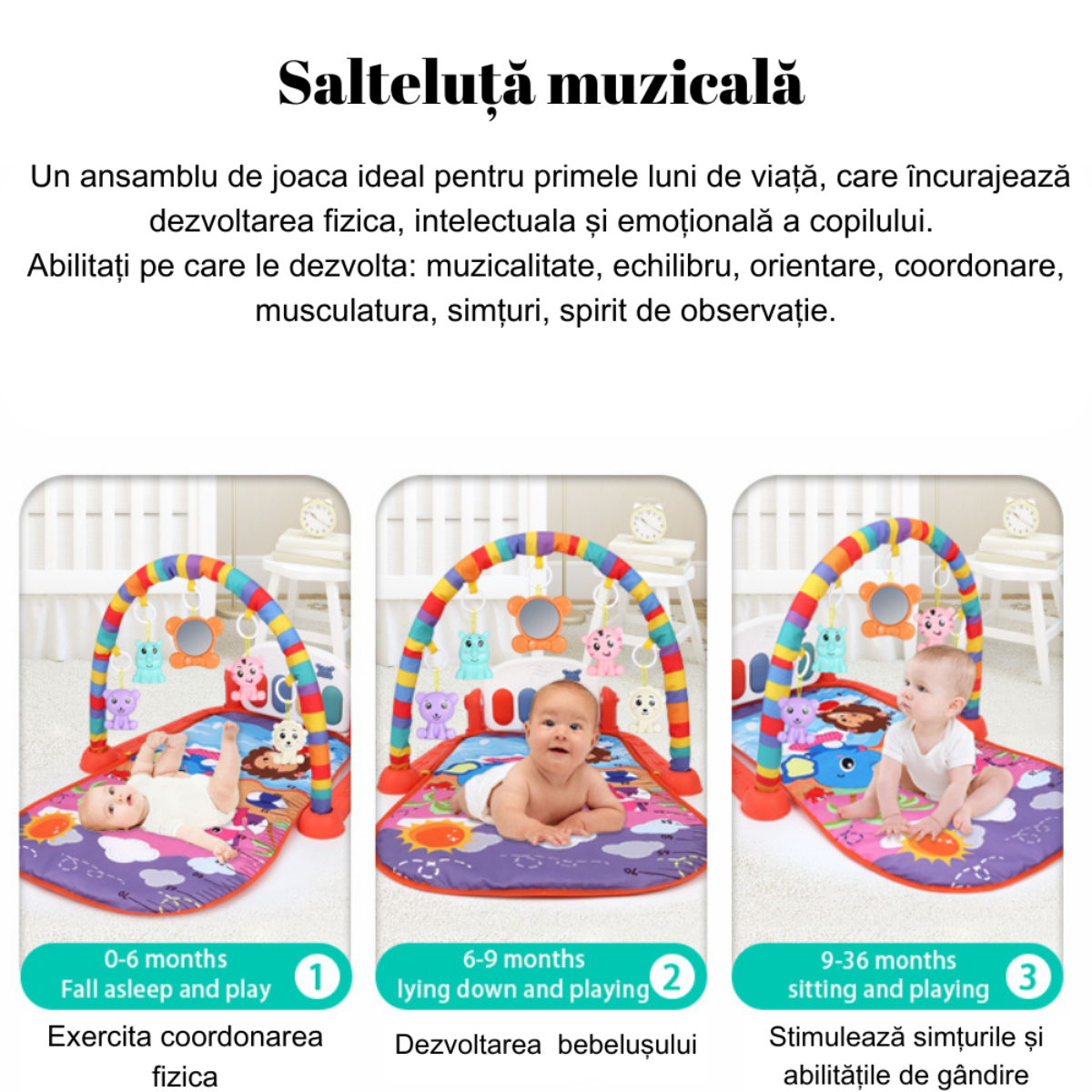Saltea de activitati pentru bebelusi, VisionHub®, cu Jucarii interactive, 4 in 1 cu muzica si luminite, jucarie muzicala baieti si fete, roz, 0 luni +