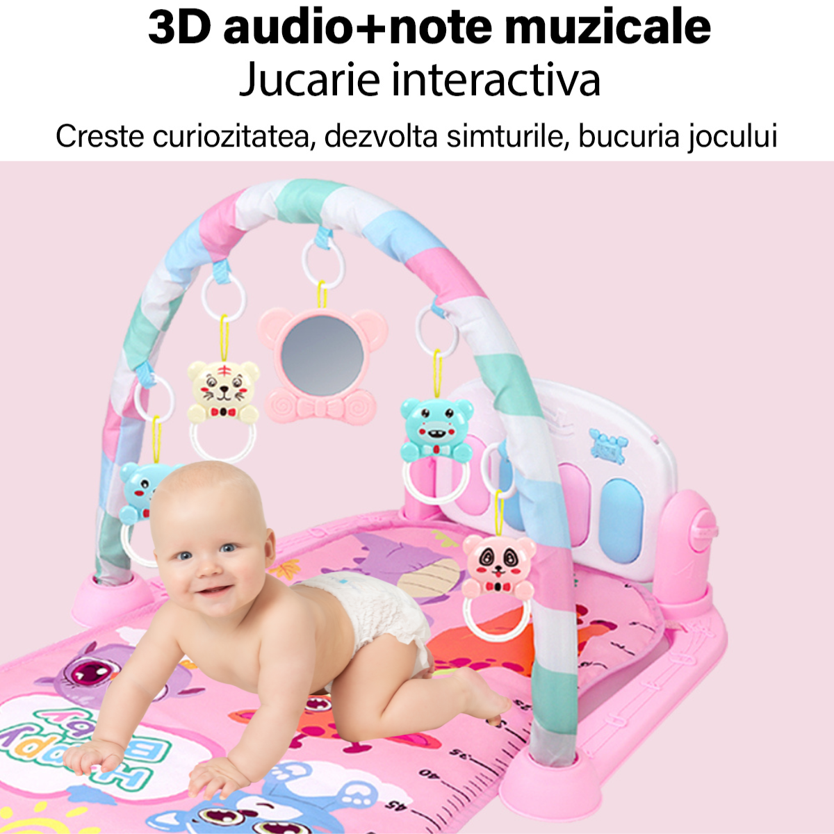 Saltea de activitati pentru bebelusi, VisionHub®, cu Jucarii interactive, 4 in 1 cu muzica si luminite, jucarie muzicala baieti si fete, roz, 0 luni +